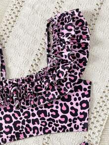 Young Girls Bikini Sets Leopard Print Multicolor Pattern Cute Ruffle Asymmetrical Shoulder Adjustable Strap Ruffle Trim Triangle Bikini Two Pieces Swimsuit Set - Pink - View 4