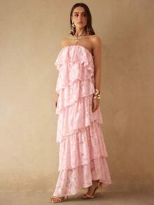 Silquee Elegant Romantic Pink Jacquard Dress With Multi-Layered Asymmetrical Ruffled Hem. Suitable For Party Vacation Wedding Dresses And Graduation Summer - Pink - View 6