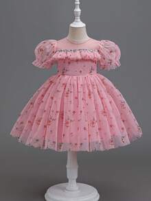 Glamorique Kids 小女孩碎花薄纱连衣裙，粉色花童礼服，适合生日派对、婚礼等各种场合 - 粉色 - 查看 4