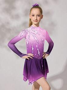 Tween Girls Purple Sequin Floral Dance Dress, High Stretch Fitted Design Sparkling Crystal Print, Smooth Flowing Mesh Skirt, Autumn Winter Athletic - Purple - View 6