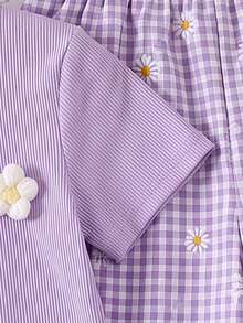 Genkimix Kids 2pcs/Set Young Girls Textured Tee With 3D Floral Decor & Casual Long Pants, Suitable For And Casual Outings - Purple - View 5