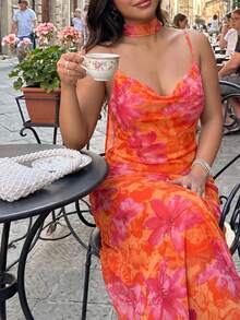 GalTyme Plus Size Women's Elegant Floral Print Spaghetti Strap Vacation Dress - Multicolor - View 3