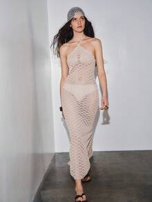 MOTF PREMIUM HOLLOW-OUT KNIT HALTER NECK SPLIT DRESS - Apricot - View 8