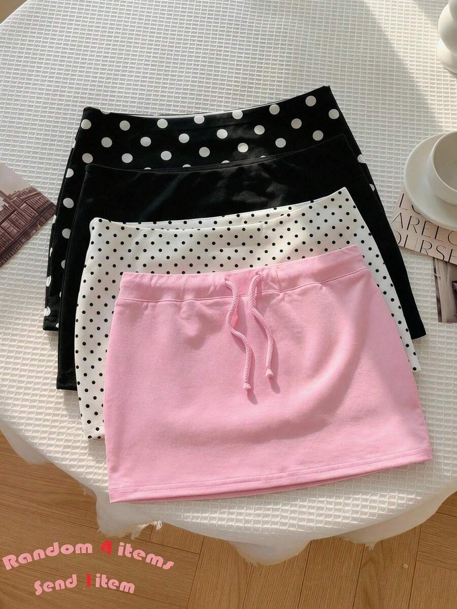 SHEIN 少女粉色針織純色高彈性休閒迷你裙,內建內搭褲與安全短褲,少女款 - 粉色 - 查看 1