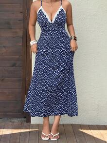 Sunnyshic Plus Size Women's Navy Blue Ditsy Floral Maxi Dress With White Lace Trim, 3D Flower Decor, V-Neck, Spaghetti Straps, Backless, Cinched Waist, A-Line - Navy Blue - View 4