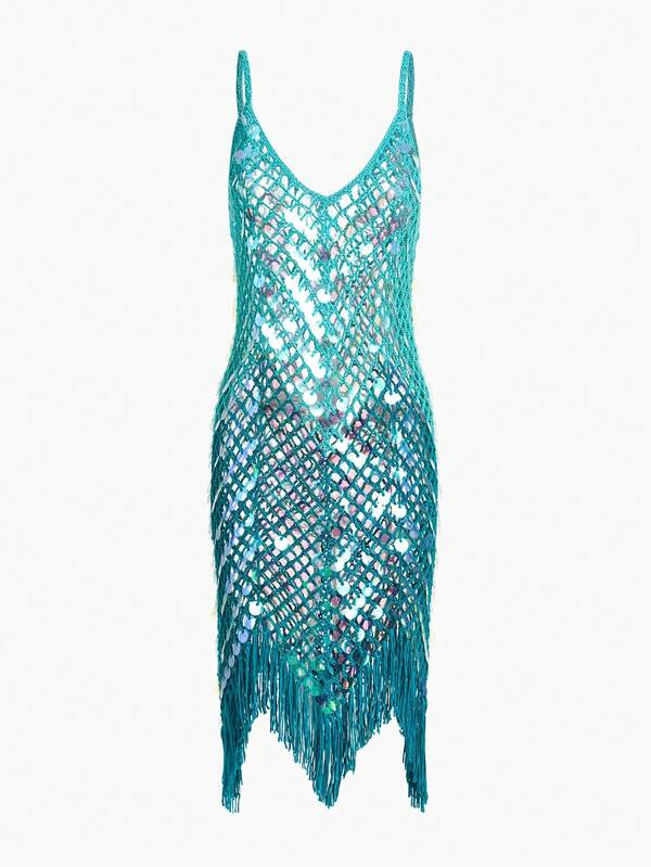 MOTF PREMIUM SEQUIN EMBELLISHED HANDMADE WOVEN HEM FLOWY TASSEL STRAPPY CAMI COVER-UP DRESS