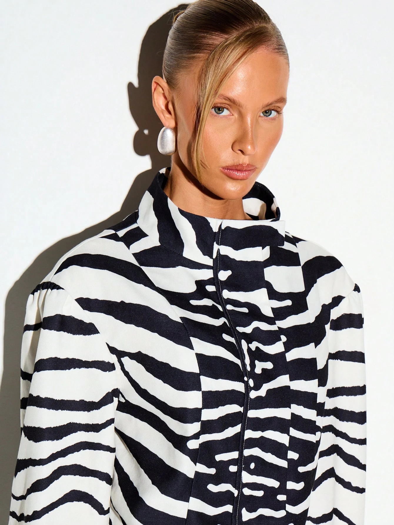 Zebra Print Funnel Neck Boxy Cropped Jacket