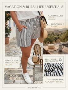 SHEIN Holidaya Short décontracté d'été pour femmes en mélange de coton à rayures, tenue de plage pour les vacances - Bleu marine - Voir 6