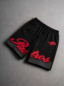 PAVTROS Pantalones cortos para hombre con estampado de letras americanas, color de contraste, bolsillo y cintura con cordón, estilo retro streetwear, vacaciones - Negro - Ver 5