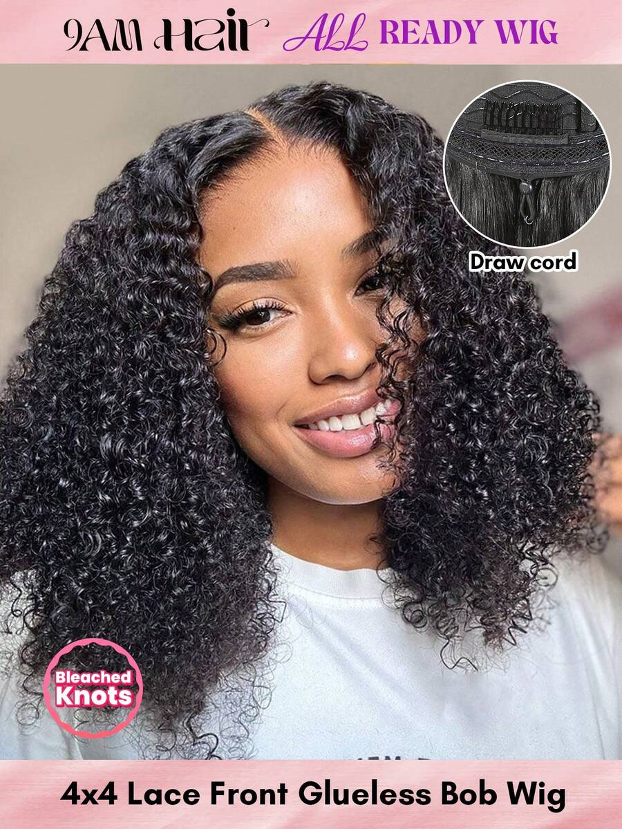 ALL READY WIG Kinky Curly 無膠 Bob 假髮,可調節彈性抽繩人髮蕾絲假髮,女用全套假髮,預漂白、預拔髮、預剪蕾絲,4x4 蕾絲封口無膠假髮,含前髮,100% 人髮 - Natural Black - 查看 1