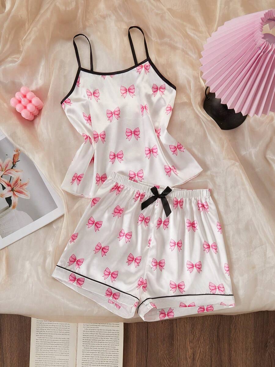 Girls Pajamas, White With Pink Bow Pattern Print, Comfortable Soft Satin Fabric Camisole Top And Shorts, 2 Pieces Loungewear Set - Multicolor - View 1