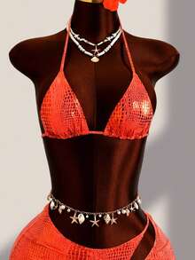 Zestiva Conjunto de Bikini de Verano para Playa con Cuello Halter, Lentejuelas y Hebilla de Anillo - Naranja - Ver 8