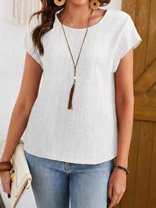 SHEIN LUNE Women's Casual Solid Color Linen-Like Shirt, Spring/Summer,Summer Top - White - View 5