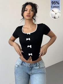 Aloruh Women's Cute Dual-Tone Trim Bow Short Square Neck 95 Cotton T-Shirt Date Night Everyday Black And White Checkered Summer French - Black - View 6