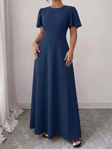 Elenzga Vestido Maxi Elegante Estilo Conmutador para Mujer Talla Grande Primavera/Verano, Estampado Floral Azul Marino, Manga Volante, Definición de Cintura, Efecto Estilizador. Adecuado para Oficina, Citas de Negocios, Salidas Diarias, Vacaciones, Ropa de Moda Estilo Conmutador Elegante. - Azul - Ver 4