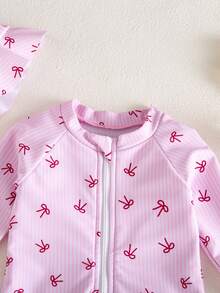 SHEIN Newborn Baby Bow Print Raglan Long Sleeve Zipper Front Casual One-Piece Swimsuit - Pink - View 6