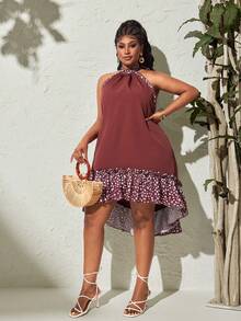 Maweii Plus Size Women's Printed Ruffle Patchwork Halter Neck Tie Front Short High-Low Sleeveless Dress Beach Burgundy Summer Boho - Multicolor - View 3