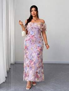Elenzga Vestido elegante y romántico para mujer de talla grande, con hombros descubiertos, volantes en la cintura, ajustado y de tela de malla con estampado floral, para primavera/otoño - Multicolor - Ver 3