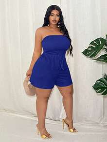 Veslaya Mono sin mangas de talla grande para mujer, color verde liso, ajuste ceñido, decoración de cuerda, tela de punto texturizada, uso casual de vacaciones, primavera/verano - Azul - Ver 4