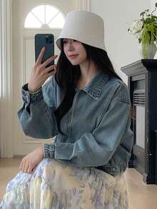 DAZY Women's Lapel Long Sleeve Open Front Urban Casual Denim Jacket And Coat Cute Tops - Medium Wash - View 6