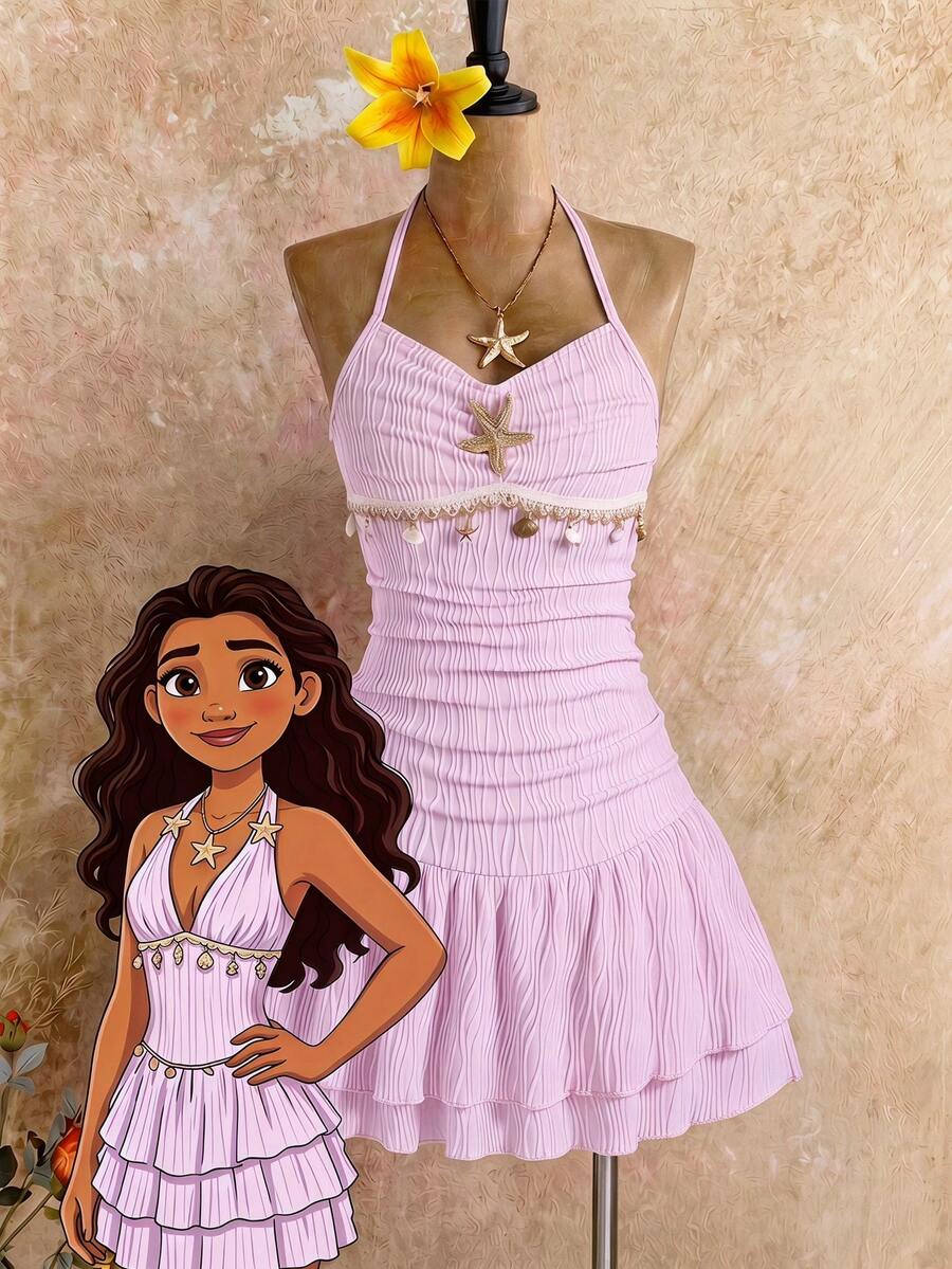 Sparklyn Tween Girls' Vacation Casual Starfish Pendant Decor Sleeveless Dress - Pink - View 1