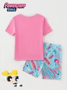 THE POWERPUFF GIRLS X SHEIN GraphicGems 2pcs Tween Girl Comfortable Round Neck Cartoon Print Short Sleeve Top And Shorts Summer Pajama Set - Pink - View 2