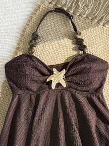 SHEIN Tween Girl Solid Color Metal Decor Halter Neck Tie Tankini And Triangle Bottoms Two-Piece Swimsuit Set Suitable For Summer Vacation Beach - Brown - View 3