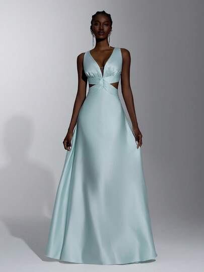 Elitara Elegante y glamuroso vestido de noche formal sexy de color azul-verde claro con escote en V profundo, busto y cintura con fruncido lateral y recorte, corte A pequeño para mujeres, adecuado para vacaciones, fiestas, cumpleaños, cena formal (diseño intrincado)