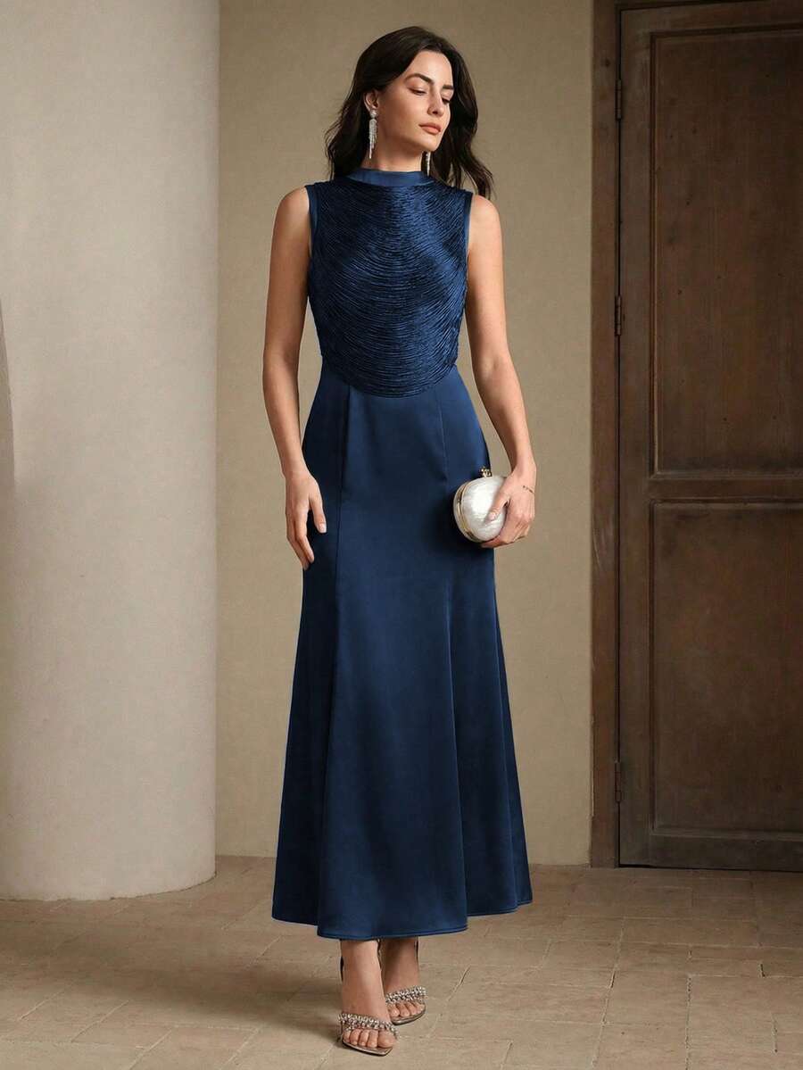 Anewsta 現代復古高端女款兩件式無袖高領流蘇拼接上衣與緞面魚尾裙套裝 - 寶藍色 - 查看 1