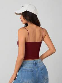 SHEIN PETITE 女款白色緊身圓領透氣基本款背心上衣，免內衣背心上衣，適合嬌小女性 - 酒紅色 - 查看 2