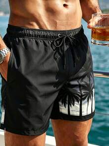 Azuldrift Men's Palm Tree Print Drawstring Waist Pocket Beach Shorts, Suitable For Summer Men Black Swim Trunks Black Swim Shorts With Palm Trees, Holiday - Black - View 3