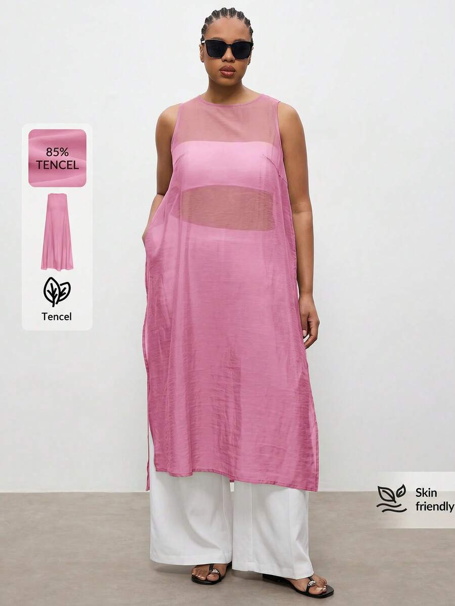Maija 大尺碼 2026 畢業季夏季女款秋季風優雅端莊圓領無袖半透上衣,鈕扣設計,粉色度假風 - 紫色 - 查看 1