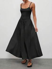 Maija Women's Solid Color Pleated Basic Maxi Strap Dress - Black - View 3