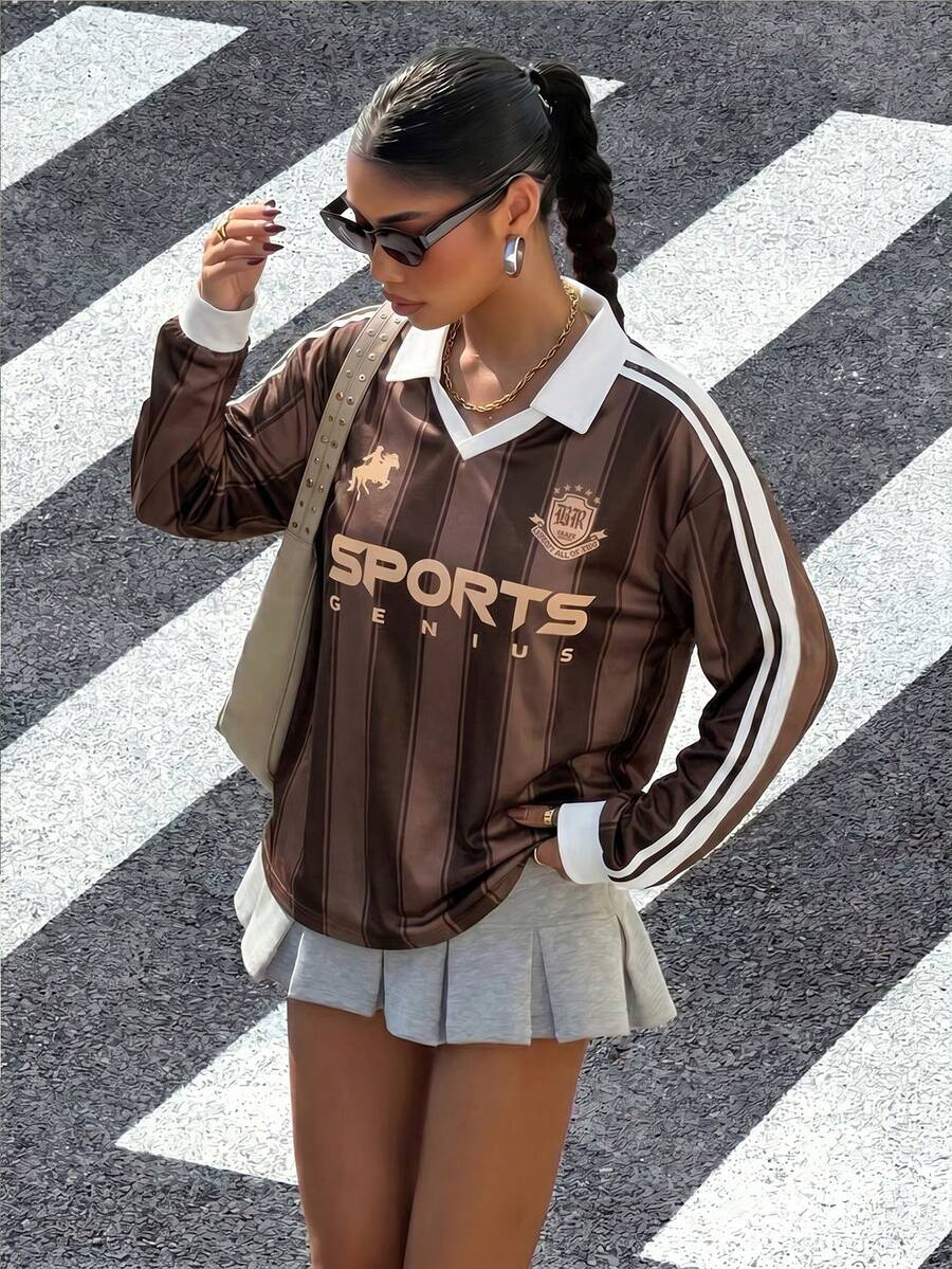 Muchica 女款秋冬休閒拼色長袖 Polo 衫，配拼色棕色領口與條紋袖子，美式學院風 T 恤，適合日常通勤、約會、聚會，適用秋冬夏季、聖誕節、新年、感恩節、派對、婚禮、海灘、畢業典禮，時尚優雅休閒外出穿搭 - 彩色 - 查看 1