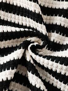 Teen Girls Casual White Base Daily Vacation Beach Seaside Halter Neck Fitted Striped Short Jumpsuit - Black and White - View 5
