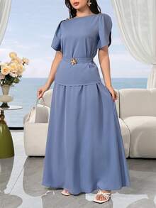 Feyla Women's Metal Flower Decor Cuff Split Top And Solid Color Long Skirt 2 Pieces Set - Blue - View 7