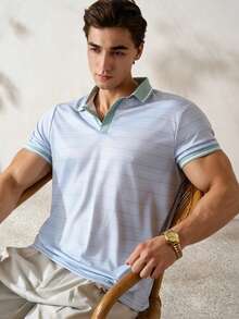 Airaco Men's Blue Striped Button Collar Polo Shirt Golf Summer Smart Casual - Multicolor - View 6