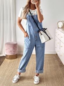 Breezaya Women's Pocket Button Front Denim Overalls - Blue - View 5