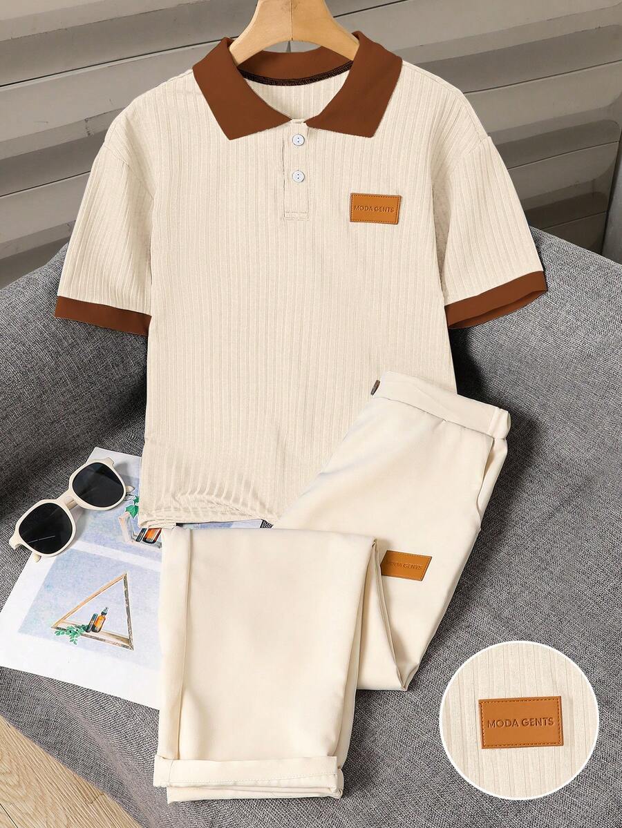 SHEIN 2件組青少年男孩紳士短袖POLO衫+長褲套裝,優雅正式服裝,適用於生日派對、晚間活動、表演、婚禮、滿月、洗禮、1歲生日、生日、婚禮、畢業典禮、婚禮賓客、花童、戒童 - 杏色 - 查看 1