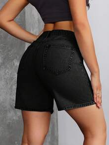SHEIN Tall Y2K 中腰休閒水洗牛仔短褲 女款 - 黑色 - 查看 2