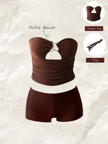 Elavelle Women's Spring/Summer Solid Color Spaghetti Strap Metal Decor Tank Top Bikini - Brown - View 1