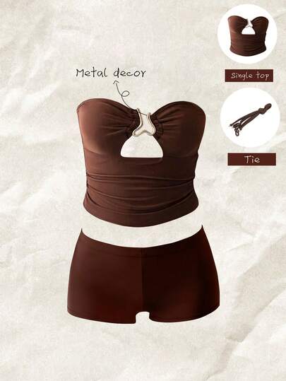 Elavelle Áo tank top bikini nữ xuân/hè màu trơn, dây mảnh, trang trí kim loại