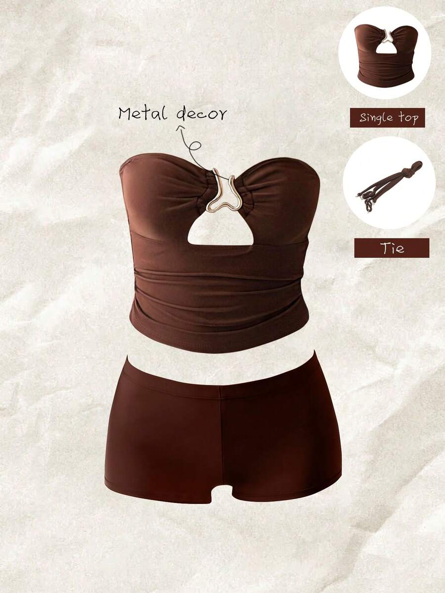 Elavelle Women's Spring/Summer Solid Color Spaghetti Strap Metal Decor Tank Top Bikini - Brown - View 1