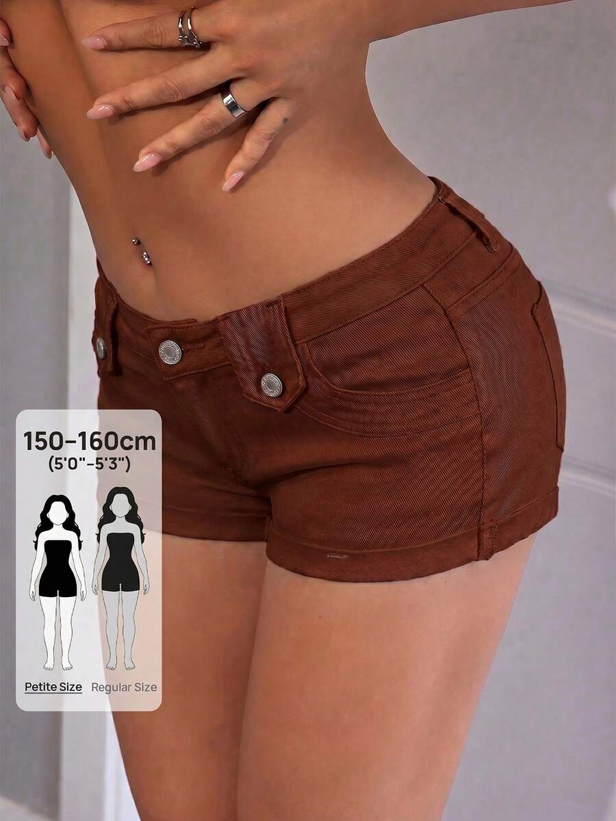 SHEIN PETITE 女款休閒性感百搭牛仔短褲,側邊口袋,適合小個子夜晚外出夜店,夏季棕色系 - 棕色 - 查看 1
