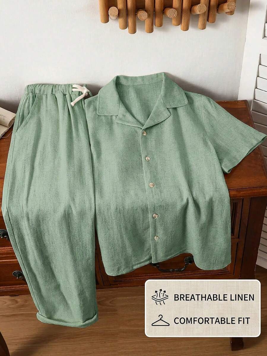 SHEIN 兒童青少年男童休閒素色短袖上衣與長褲透氣舒適套裝(不含T恤) - 綠色 - 查看 1