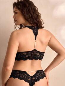 Charlaine Plus Size Women's Lace Underwear Set With Faux Pearl Decorations, Bra & Panty Set, Lingerie - Black - View 3
