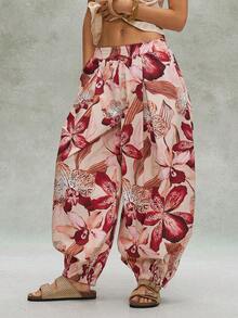 Bohemela Casual Woven Printed Loose Fit Women's Long Pants Beach Panlakad Burgundy Autumn - Multicolor - View 4
