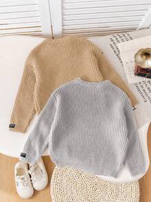SHEIN 2pcs/Set Back To School Young Boys Brown Khaki Versatile Textured Loose Pullover Sweater, Suitable For Home, Layering, Outings And School - Multicolor - View 2