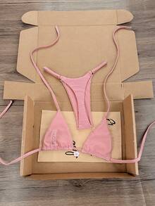 Swim Vcay 2026 Spring/Summer Women's Sexy Bikini, Triangle Cup Halter Neck, Pink With Small Flower Decor, High Cut, Adjustable, Suitable For Beach, Seaside, Pool - Pink - View 2