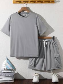 SHEIN 青少年男孩 2件組 休閒寬鬆舒適 Logo裝飾短袖上衣與短褲套裝，春夏季 - 灰色 - 查看 2